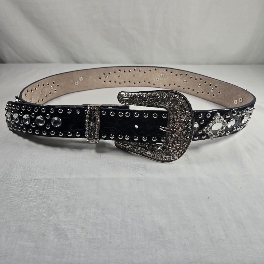 Leather Belt Rhinestones Bling Black Silver Cowgirl Western Womens 30 To 34"